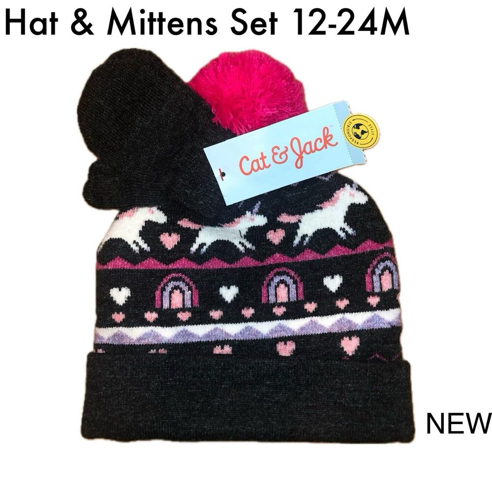 NWT Cat & Jack Baby Girl Unicorn Winter Hat & Mittens Set Black Pink 12-24M